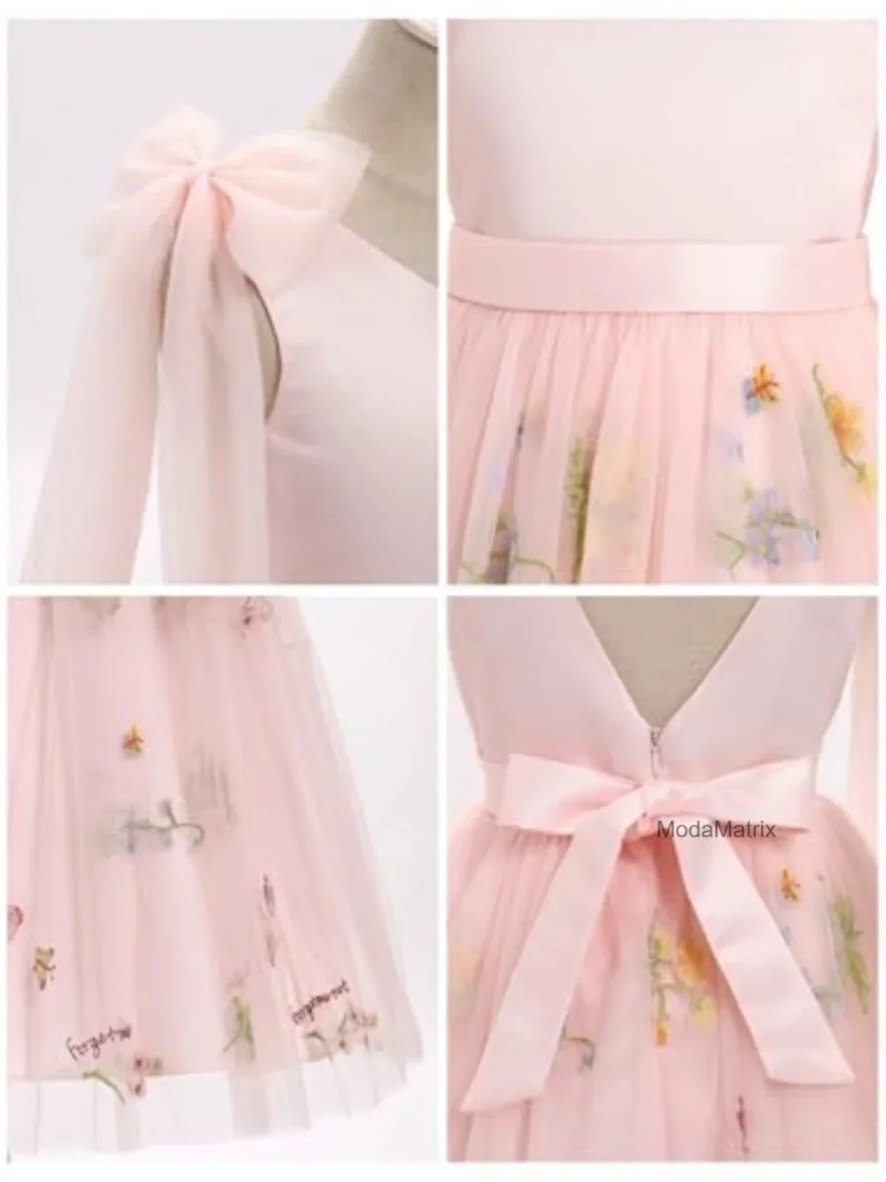 Flower Girl Tulle Maxi Dress with Floral Embroidery and Back Zipper for Wedding